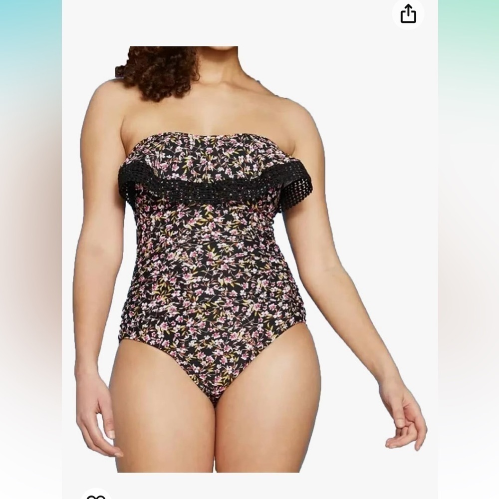NWT-Kona SOL-S(8-10)-black multicolored floral, crochet flounce bandeau swimsuit